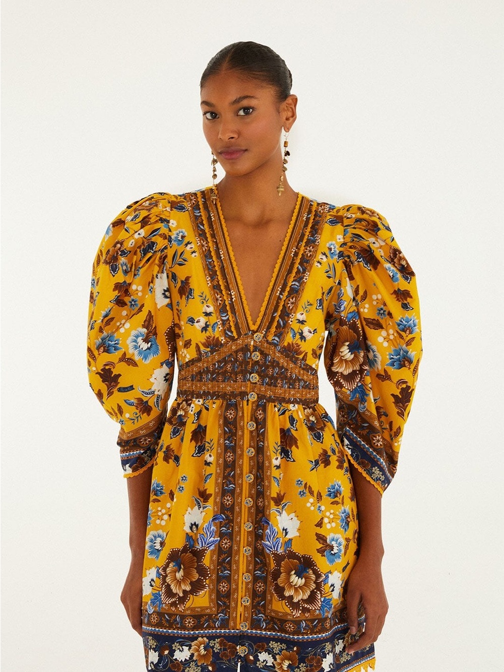 FARM Rio Mustard Floral V-Neck Puff Sleeve Mini Dress Small